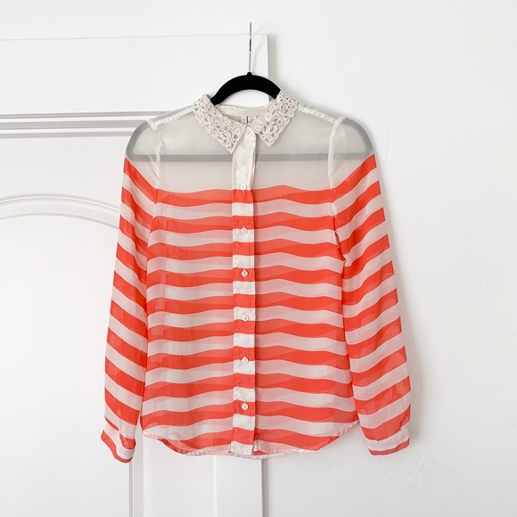 Candie's Tops - Lauren Conrad Striped Coral and White Button Down